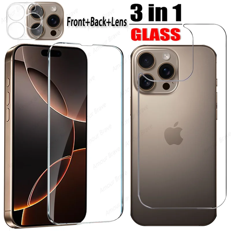 3IN1 Front+Back+Lens Screen Protector For iPhone 16 Pro Max 16 Plus Tempered Glass For iPhone 15 14 13 12 11 Pro Max XS XR Glass