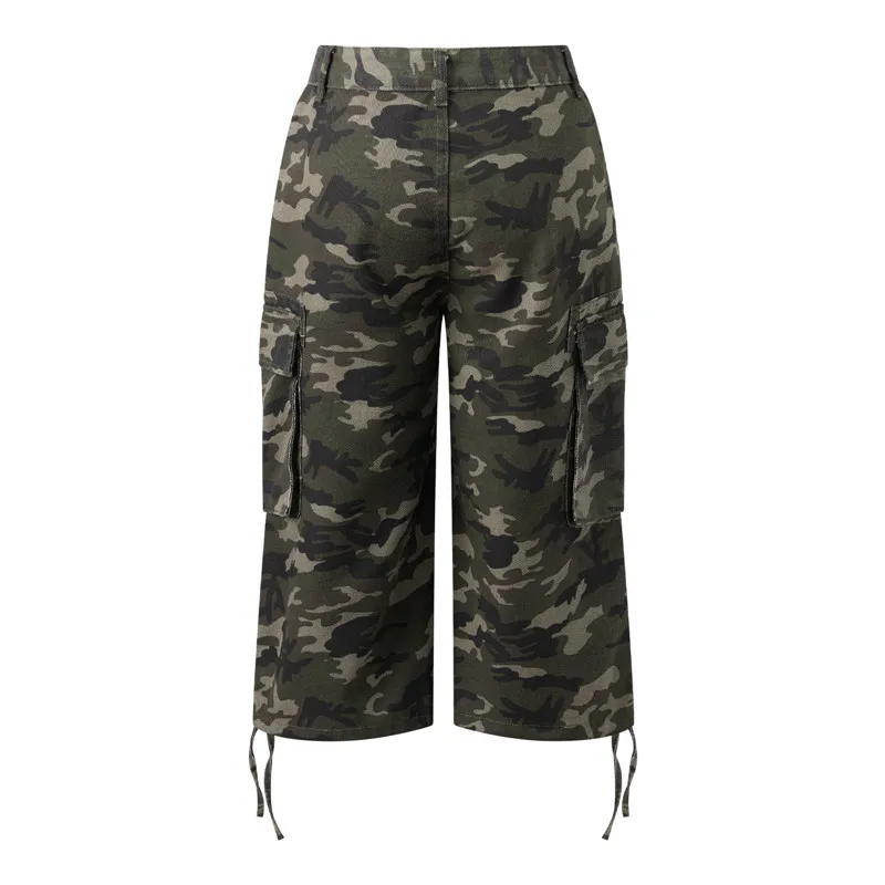 Women Y2K Cargo Bermuda Shorts Low Waist Drawstring Hem Loose Fit Multi Pocket Aesthetic Camouflage Denim Shorts Streetwear