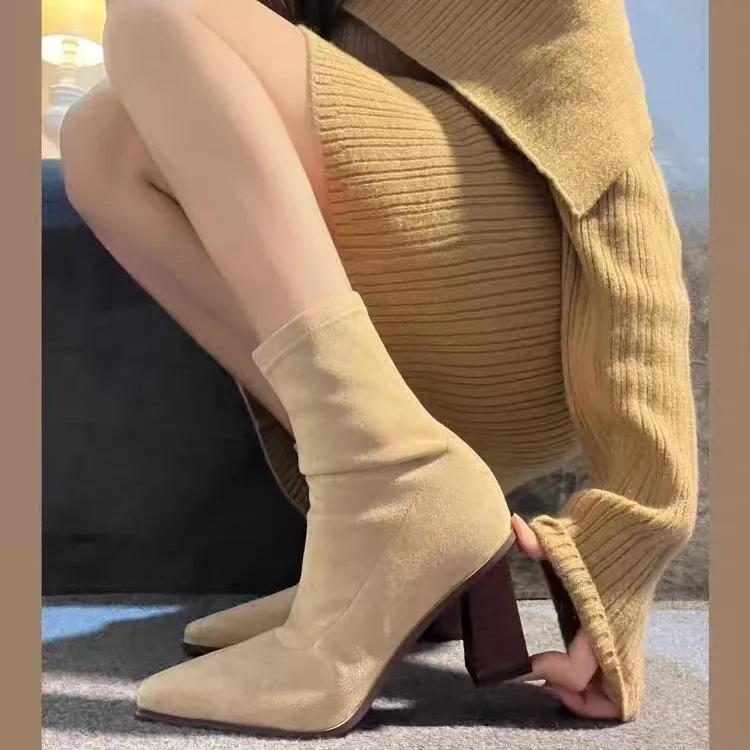 

Elastic Boots Women's Chunky Heel Short Pointed Toe Slimming Boot Korean Style Mid-Calf Winter Shoes Rubber Outsole