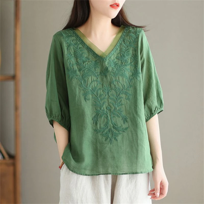 Women\'s Vintage Embroidery Half Sleeve Blouse 2024 Summer V-neck Loose Cotton Linen Shirt Simple Casual Solid Thin Tops Female