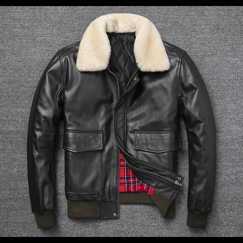 

shipping.2024 Free Men Brand new winter warm plus size bomber genuine leather jacket.Classic casual G1 cowhide coat.quality