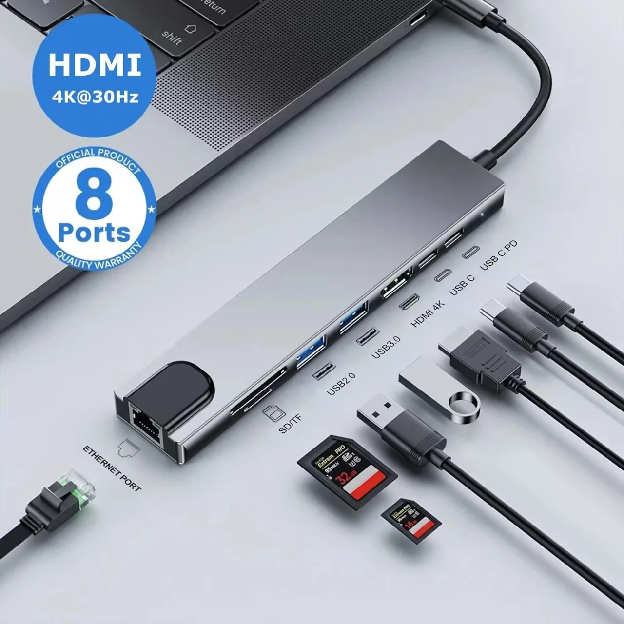 USB C Hub 8In1 TypeC 3.0 To 4K HDMI Adapter with RJ45 SD/TF Card Reader Fast Charge for MacBook Notebook Laptop 100Mbps Ethernet