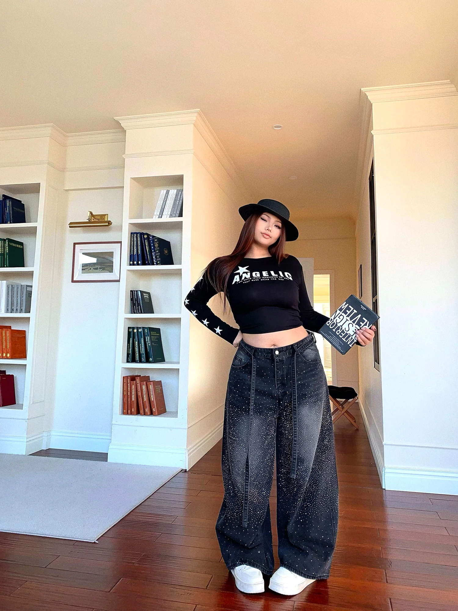 

High Waist Straight Leg Jeans Women's plus Size Loose Fit Street Sle Rhinestone Embellied Cotton Denim Casual Trousers