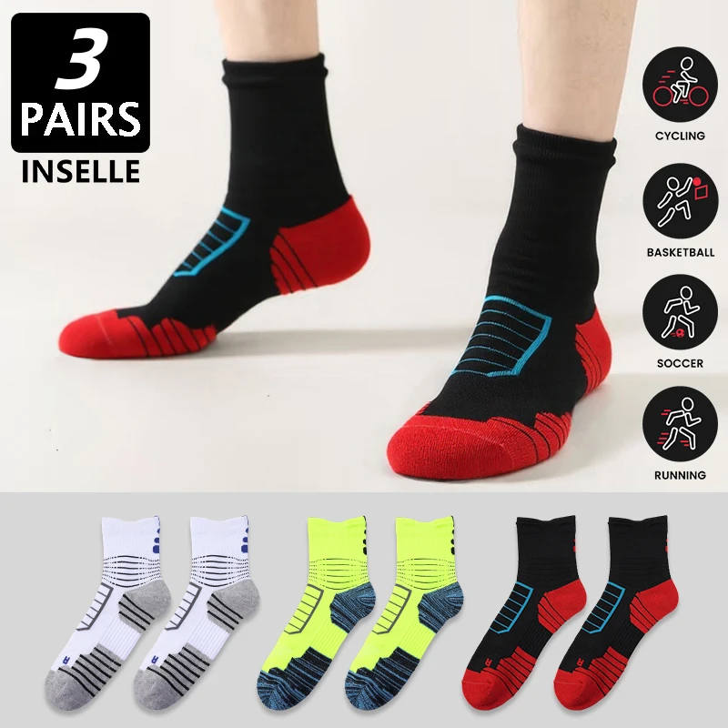 

3 pairs of professional sports socks, men's midsole, thick towel bottom, sweat absorbing, breathable, anti slip, men's practical