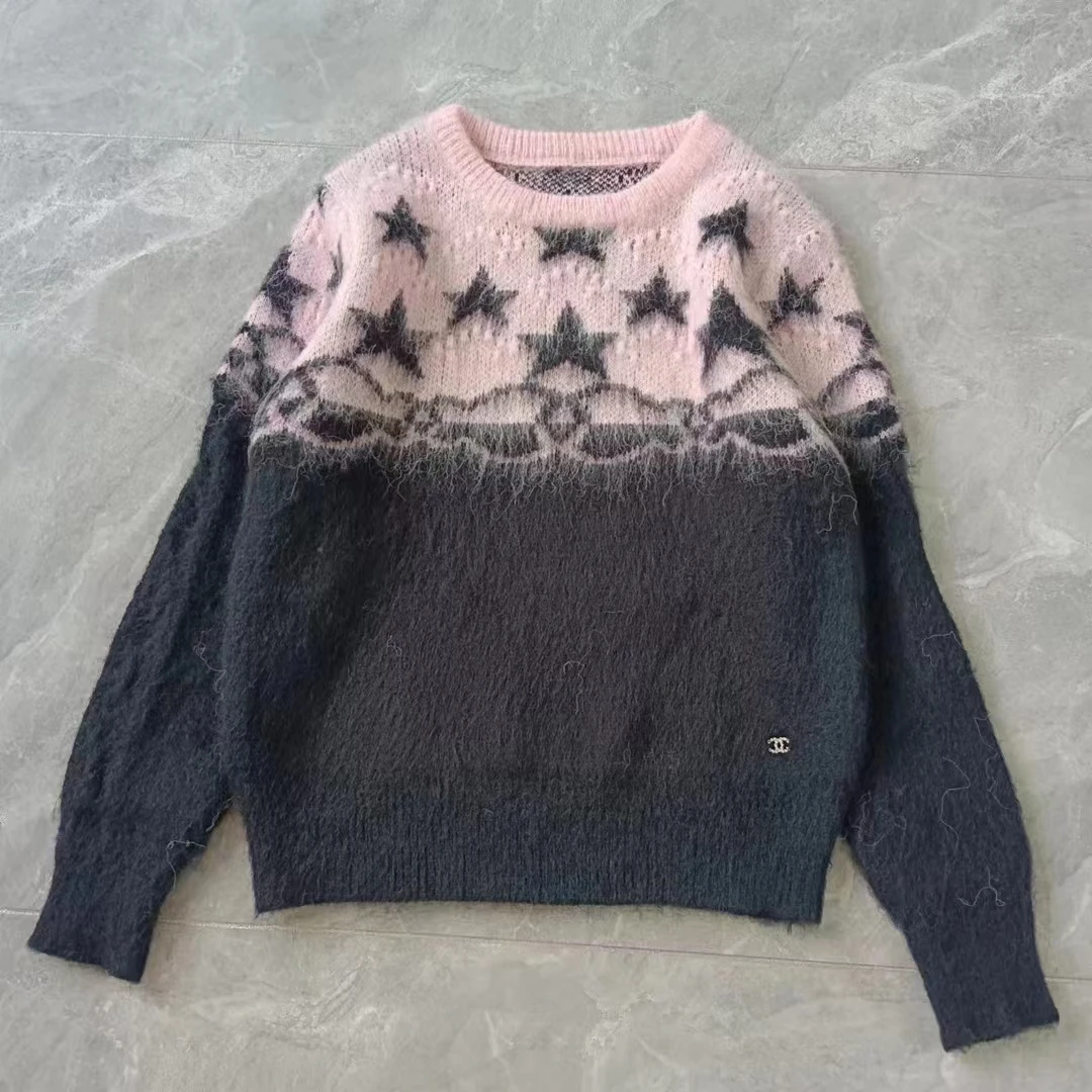 Women Winter Autumn Star Crochet Cashmere Wool Mink Sweater runway Soft Mohair Knit Pullover O-Neck Knitwear Brand Jumper X558