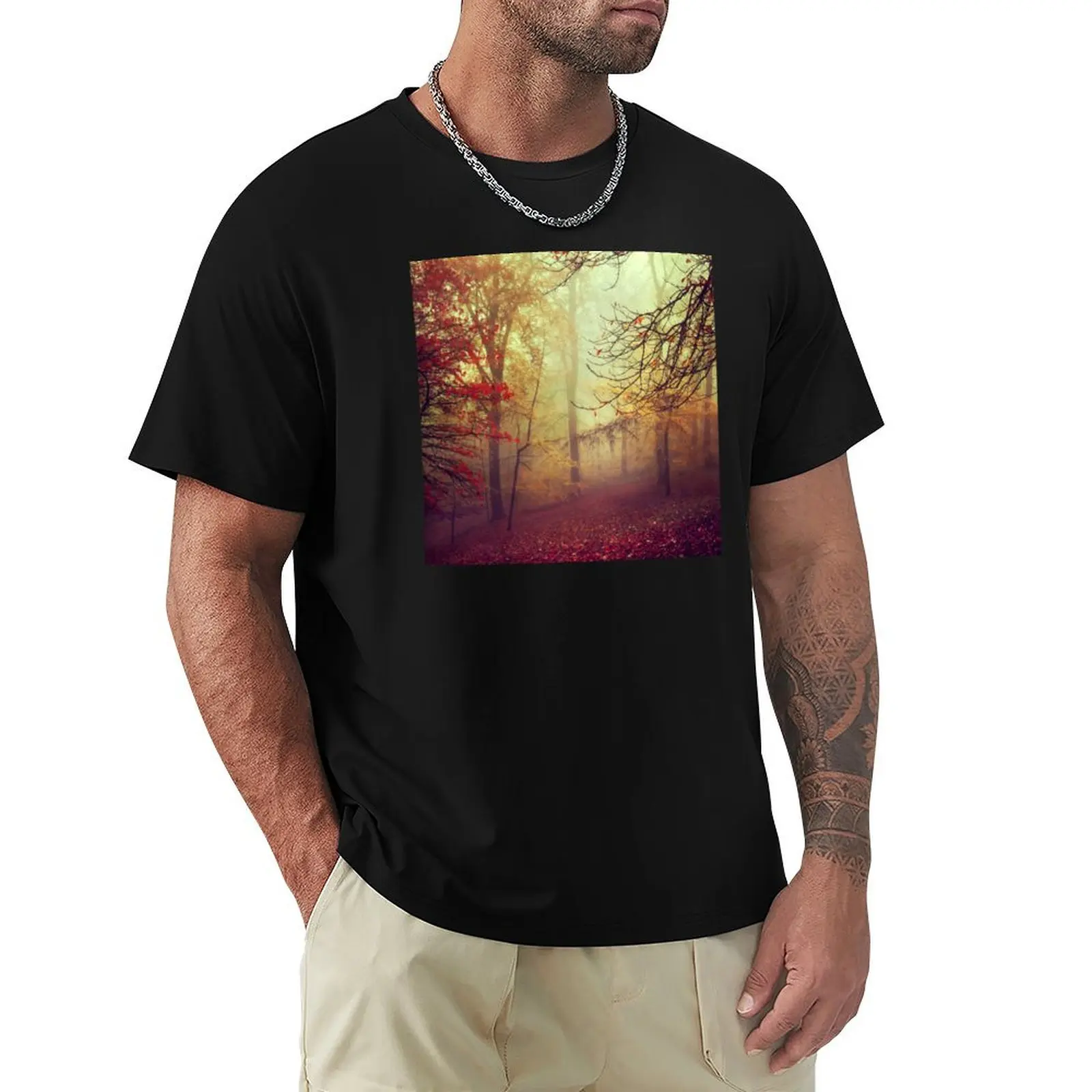 Autumn Stroll - Misty Forest Landscape in Fall T-shirt vintage sweat cute tops black t shirts for men