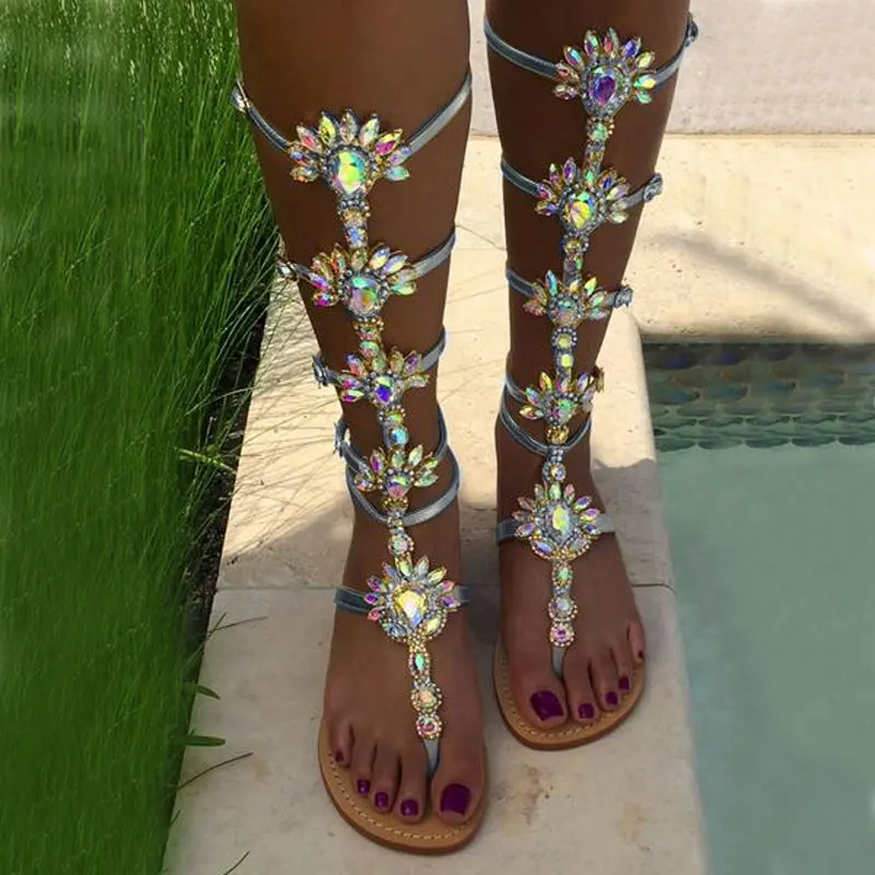 Sexy Woman Bohemia Sandal Boots Rhinestone Lady Knee High Boots flat thong rhinestone boots Crystal Dress Summer Shoes Sandal