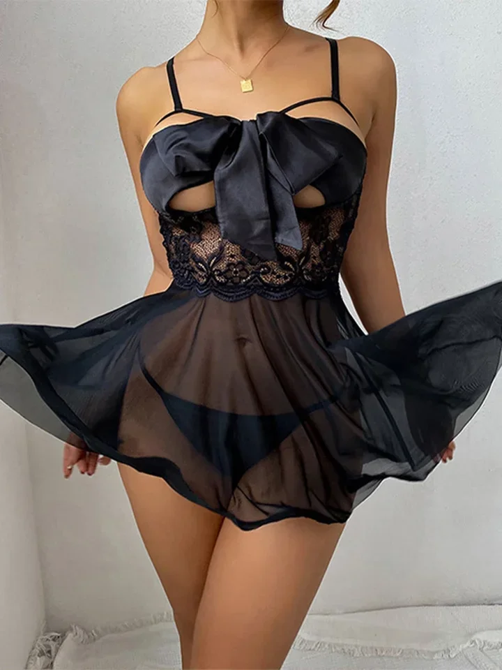 

Black Hollow Out Lingerie Nightgown Bow Lacing Lace Sheer Mesh Sling Nightdress + Thong Flower Pattern Sexy Erotic Set For Women