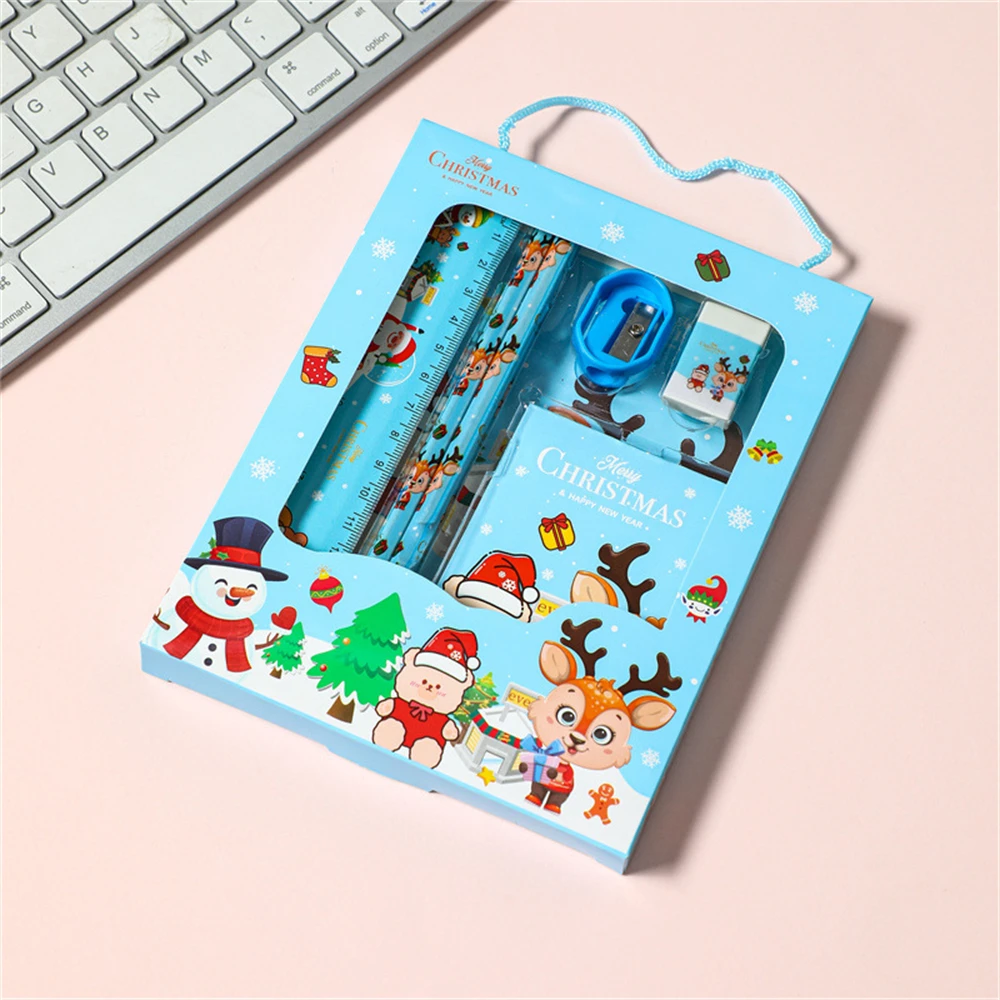 6pcs Christmas Stationery Set Kids Cartoon Pencils Eraser Ruler Memo Pads Pencil Knife Set School Supplies Back To School Gift
