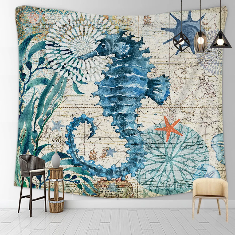 Marine Style Seahorse Starfish Wall Tapestry Sea Horse Pattern Home Decorative Tapete Bedroom Blanket Table Cloth Yoga Mat