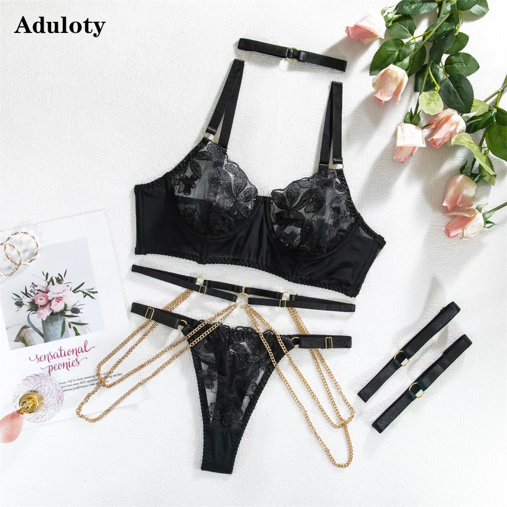 

Aduloty Women's Sexy Underwear New Embroidered Metal Chain Erotic Lingerie Five-Piece Set With Leg Ring Neck Bra Set