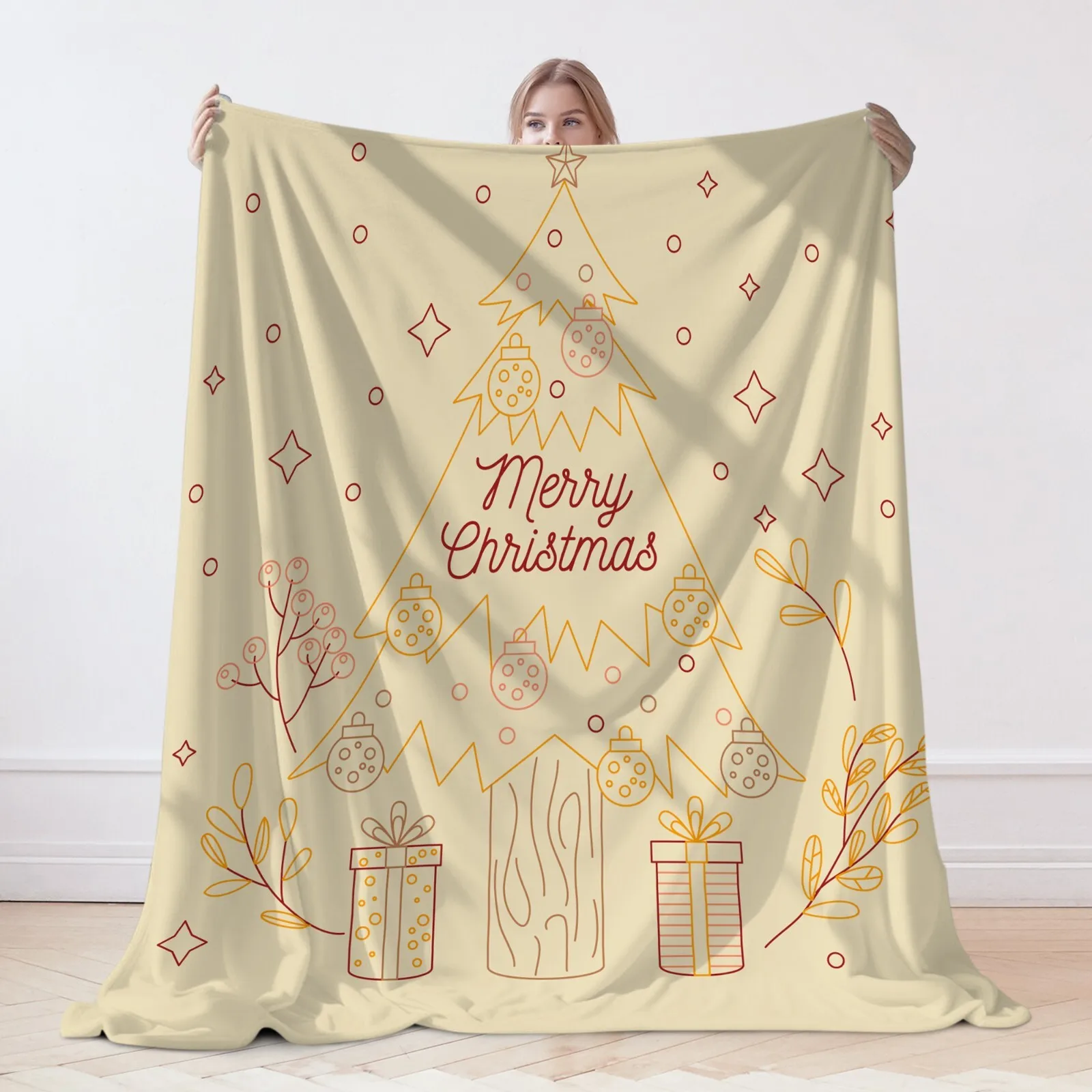 Merry Christmas Tree Balls Retro Blanket, Winter Blankets for Livingroom Sofa Soft Keep Warm for Holiday Gift