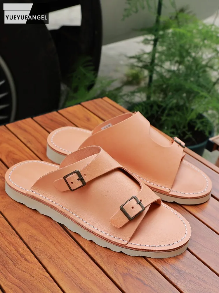 

2025 новые модные винтажные мужские летние уличные тапочки из натуральной кожи с пряжкой, повседневные дышащие мужские пляжные туфли на плоской подошве