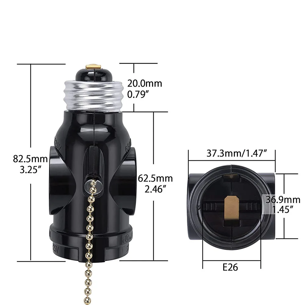 1pcs White Black Bakelite American Pull Chain Switch E26 Light Bulb Socket Adapter With 2 AC Outlet Plugs