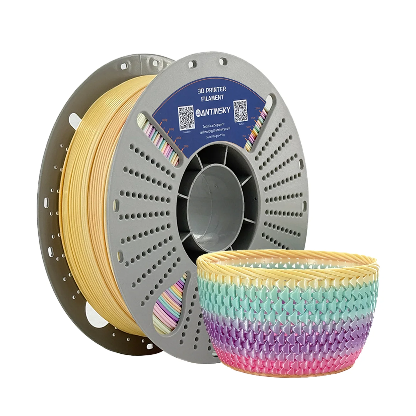 Antinsky PLA‑Silk‑Rainbow Rainbow Silk PLA Filament 1.75mm 1KG, Multi‑Color Iridescent Gradient Glossy Silky Surface