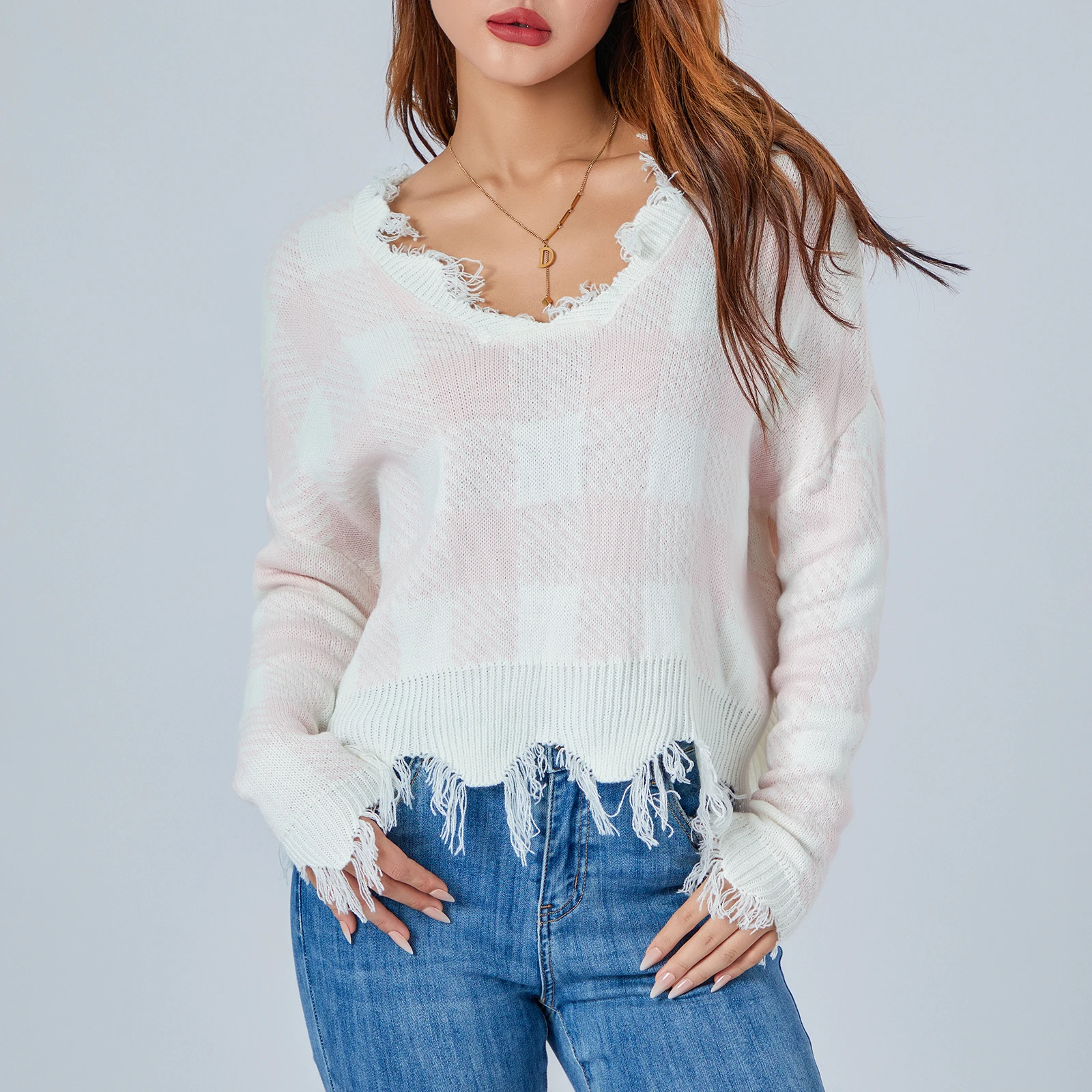 

High Quality Women V Neck Fashion Knit Sweater Long Sleeve Cherry/Plaid Tasseled Pullover Warm Sweater for Fall Winter