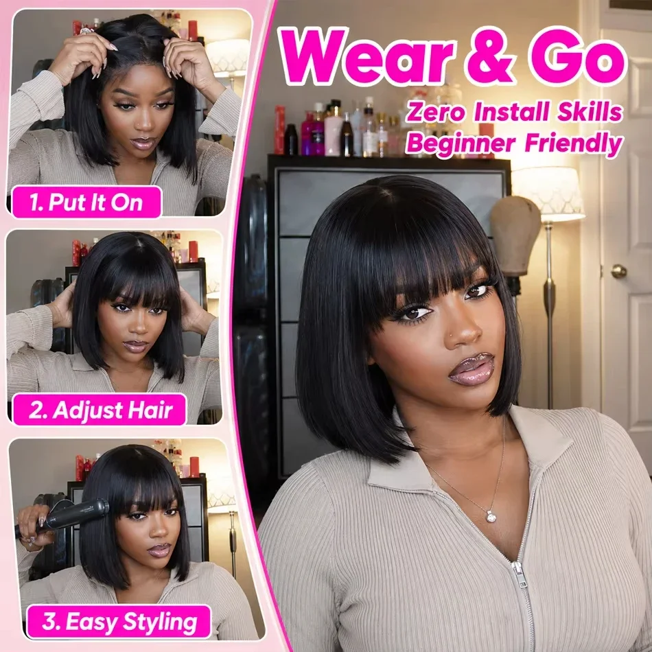 Straight Bob Glueless 100% Human Hair Wig With Bangs Natural Black Short Bob 3X2 Middle Part Lace Fringe Wigs With Drawstring