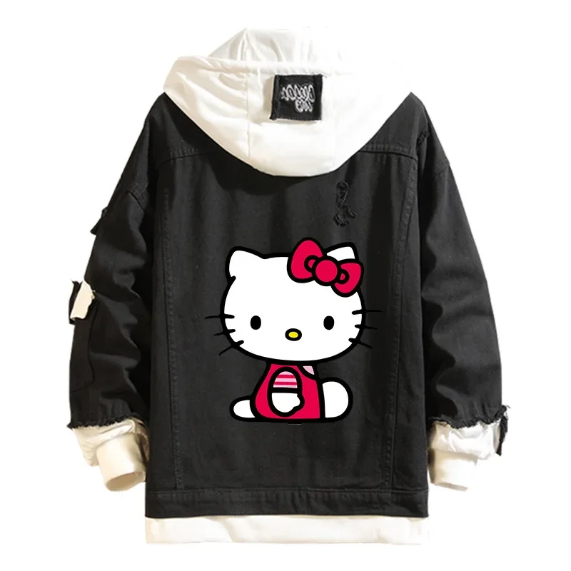 Anime Sanrio Denim Bomber Jacket Hello Kitty Cappuccio Felpa Unisex Strappato Buco Cosplay Felpa Con Cappuccio Giacca Di Jeans