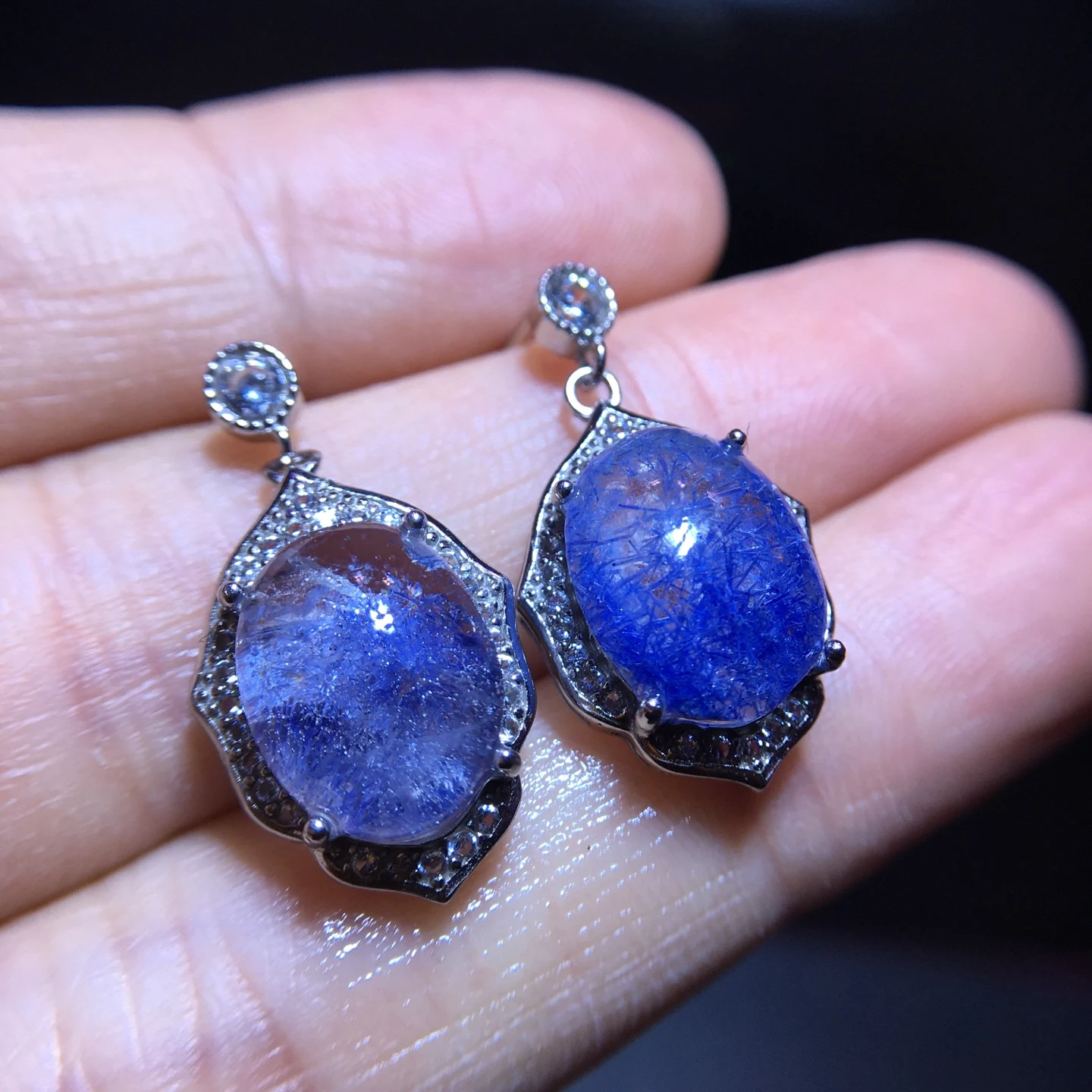 Natural Blue Rutilated Dumortierite Oval Bead Earrings Women Men 12.3/9.4mm 925 Sterling Fashion Earring AAAAA