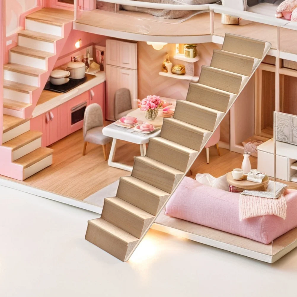 3pcs Miniature Stairs 1:12 Scale Unpainted Wooden Diy Dollhouse Furniture No Handrail Pre-Assembled For Mini House Decor Kids