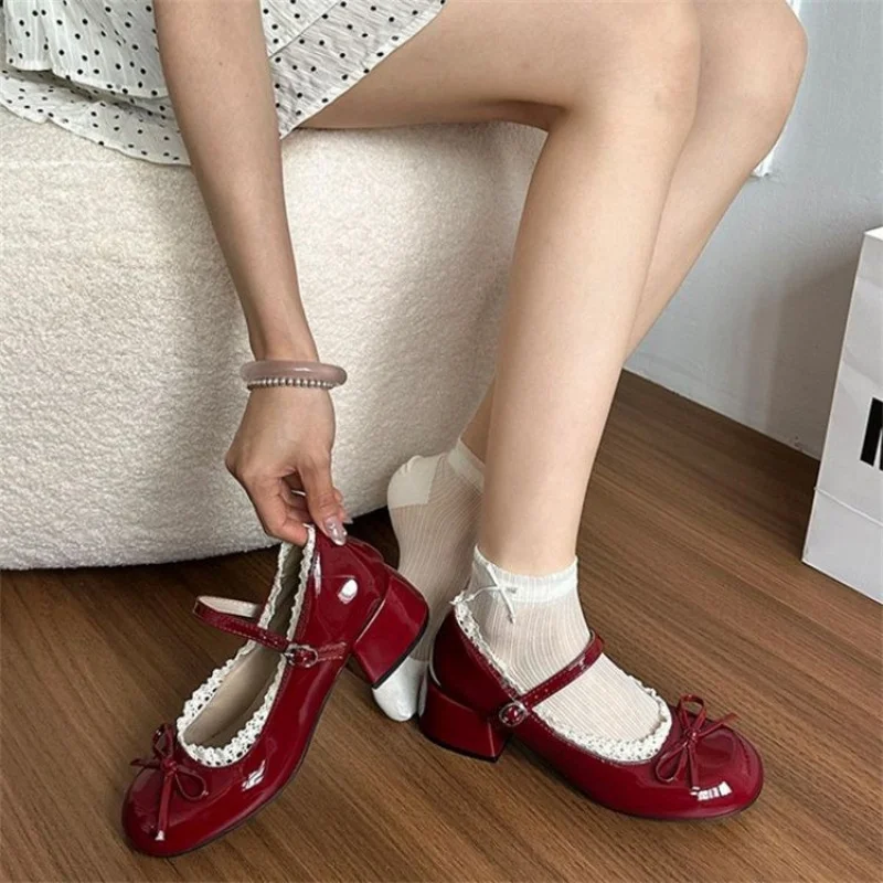 2026 Spring/Fall Women's High-End Ballet Mary Jane Shoes - Burgundy Bow Design Casual Shoes, French Retro Commuter Shoes view 4