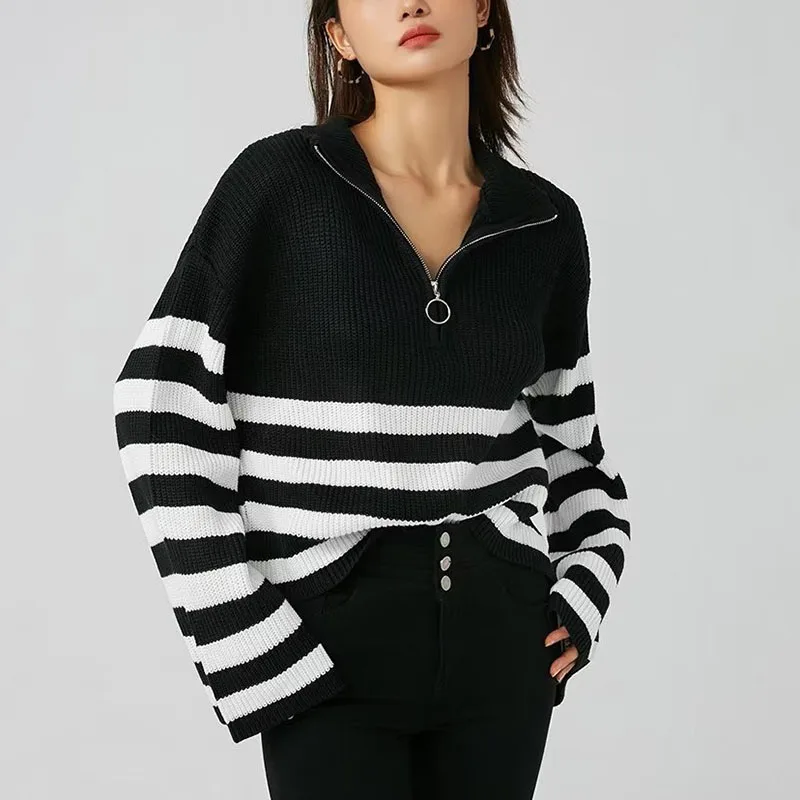 

Zipper Turtleneck Sweater Pullovers Women Autumn Winter New Stripe Knitwear Jumpers Female 2024 Casual Women's Sweater Tops