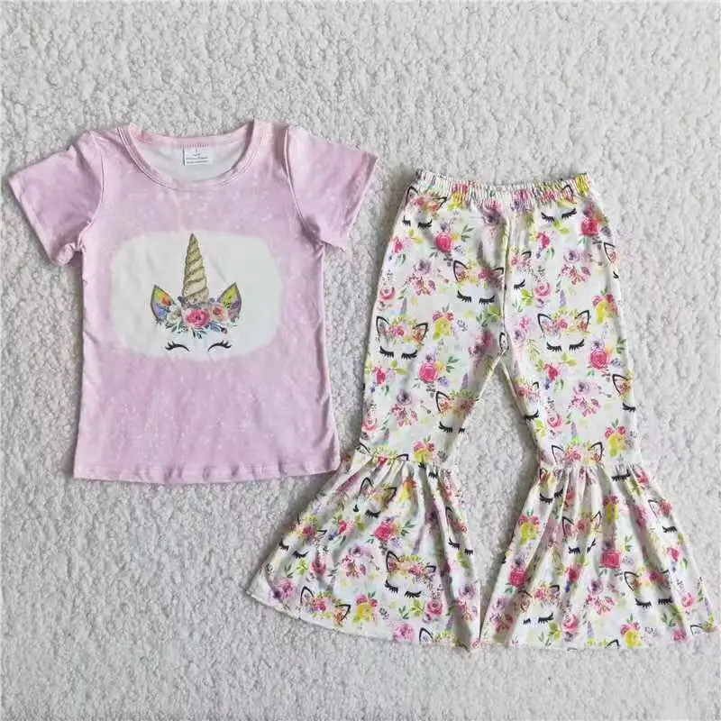 C0-9 Kids Girls Summer Outfit  Sets  Short Sleeves Top Lilac Unicorn Flowers Print  With Boot Cut Pant Children Clothes