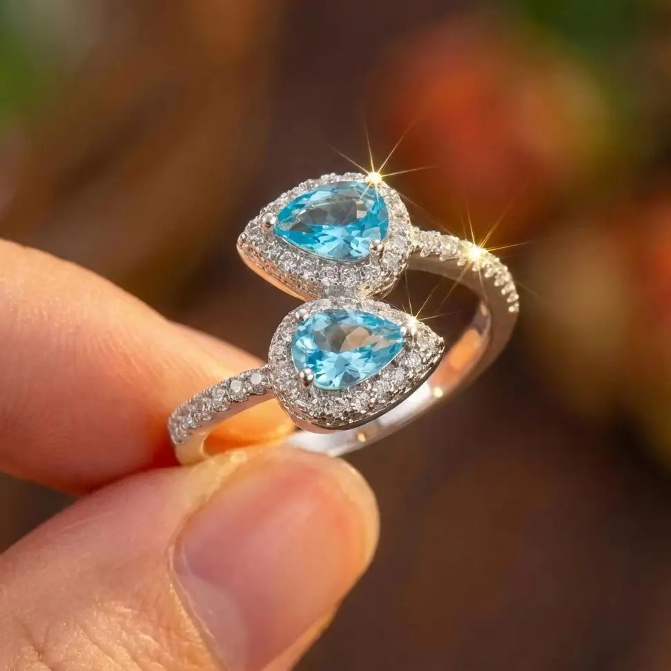 Romantic Blue Double Teardrop Crystal Adjustable Ring for Women Exquisite Micro Paved Zircon Open Finger Ring Girl Party Jewelry
