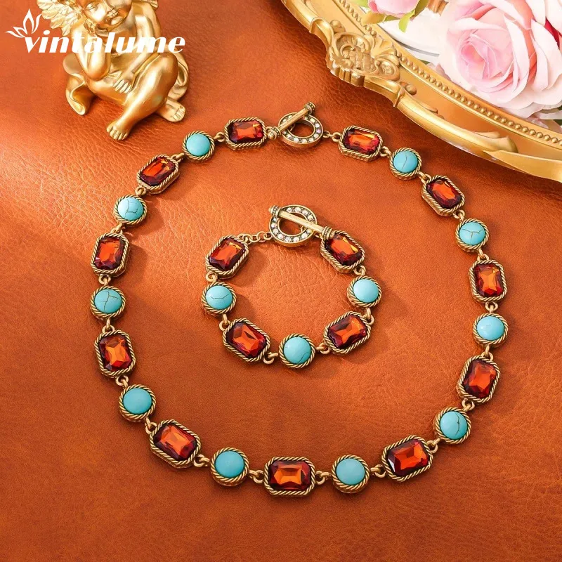 

Vintalume Round Turquoise Aventurine CZ Necklace and Bracelet Fashion Jewelry Sets Women Vintage Geometric Simple Chunky Gift