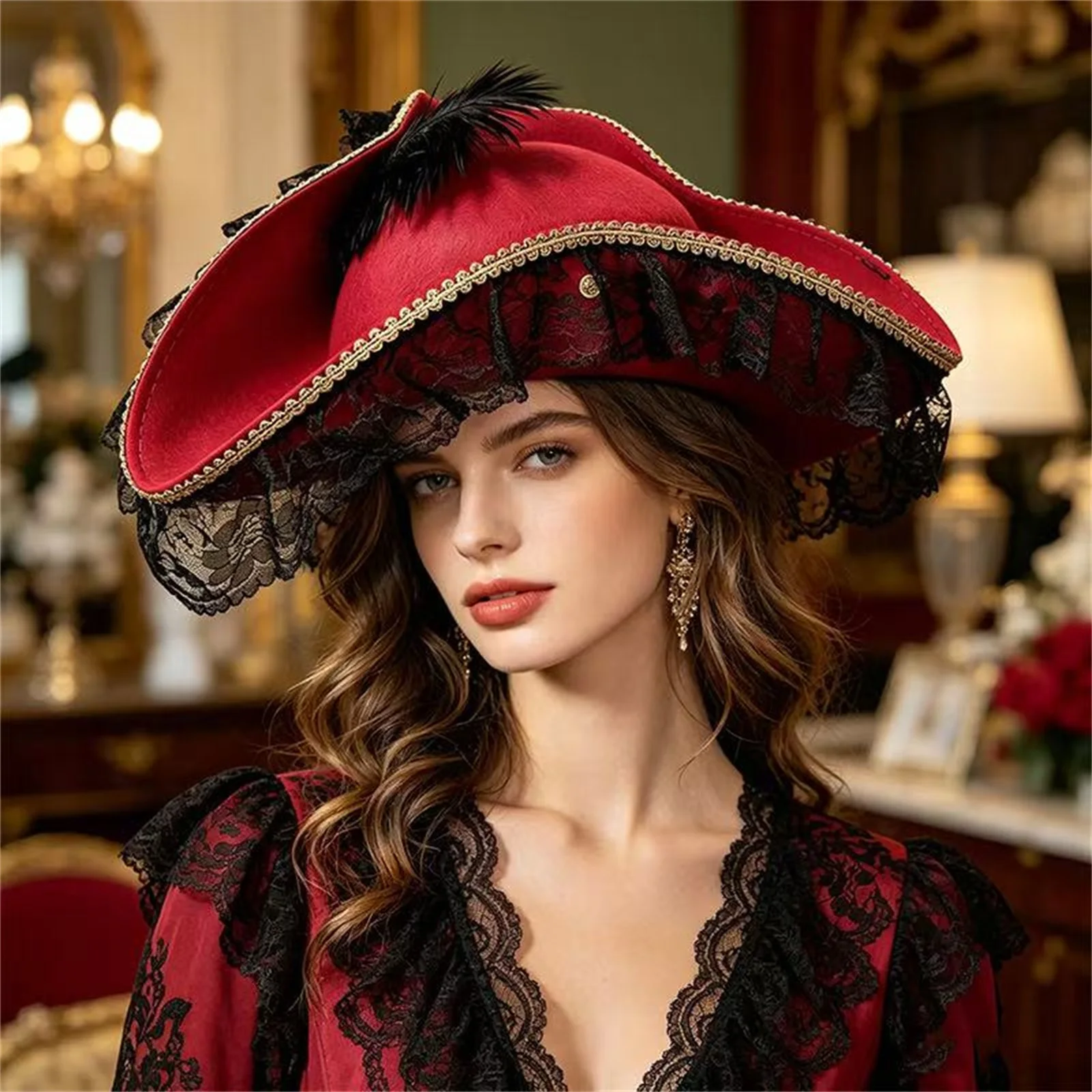Vintage Colonial Tricorn Hat Pirate Costume Headwear with Lace Trimming Deluxe Party Hat for Adults