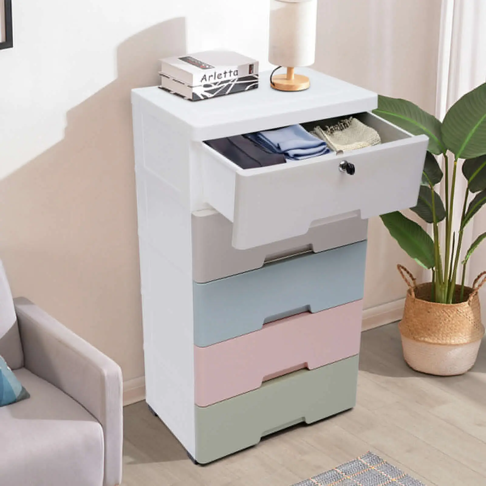 5 Drawers Modern Plastic Storage Dresser Cabinet Movable Macaron Color Bedroom Clothes Tower Organizer Space Saving Furniture