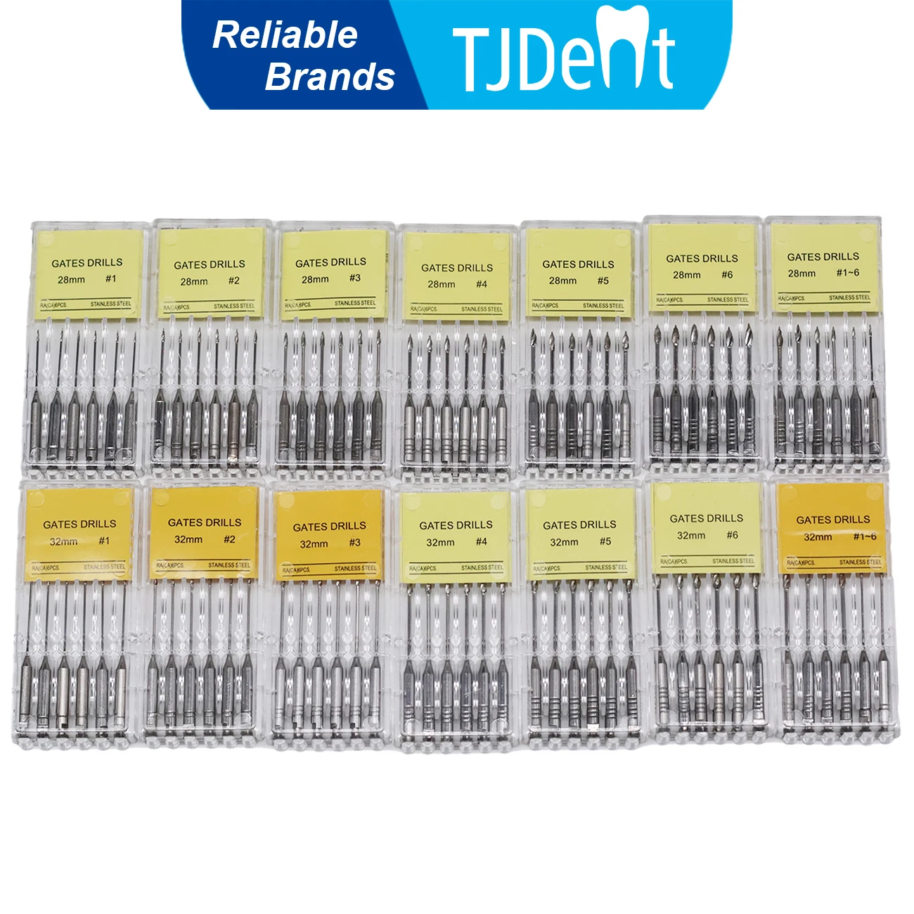 TJDent 6pcs/box Dental Gates Drills 28mm/32mm Endodontic Reamers Drill Burs Engine Use Stainless Steel Endo Files Dentist Tools