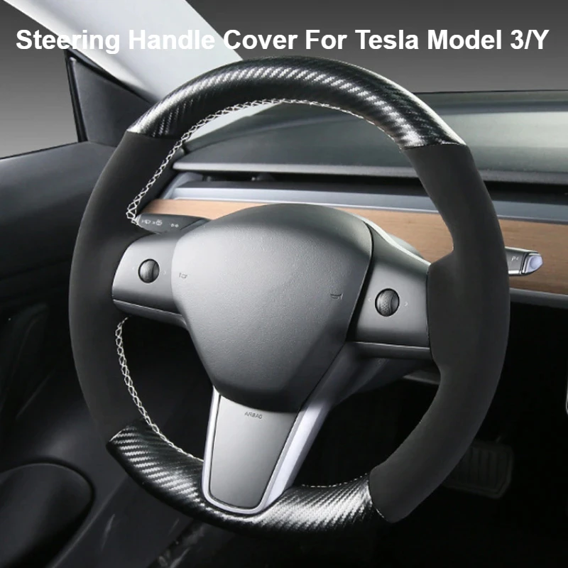 Hand Sewed Car Steering Handle Covers for Tesla Model 3/Y 2021-2023 Car Accessories Hand-made Steering Wheel Replacement Shell