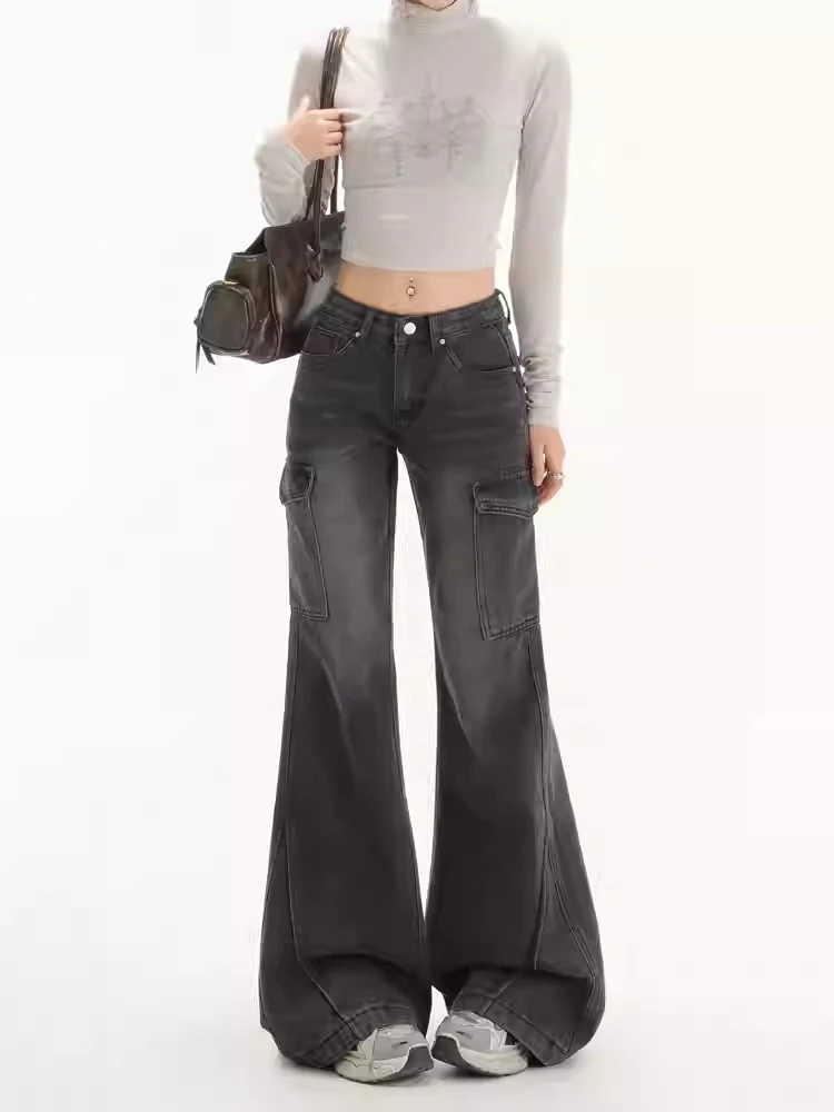 

Women Harajuku Y2k Low Rise Denim Flare Cargo Pants Jean Bell-Bottom Japanese Long Trousers Grunge Slim Tide 2000s Streetwear