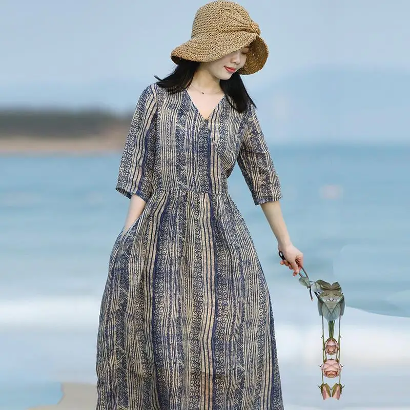 فستان من القطن والكتان، تنورة طويلة مخططة بتصميم عتيق، فستان نسائي لربيع وصيف 2025