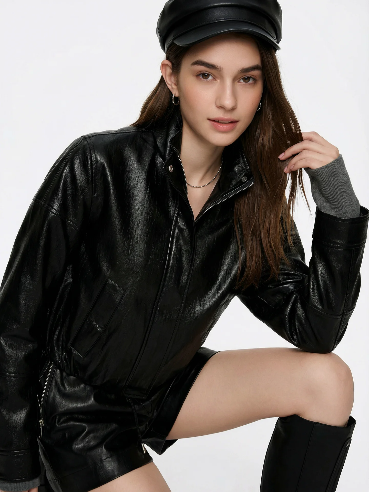 

Женская ретро-куртка из искусственной кожи с воротником-стойкой, экологичная, в байкерском стиле