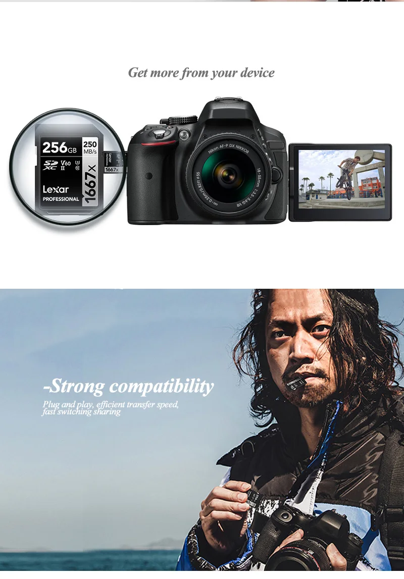Lexar Professional SD-Karte 1667x 64GB 128GB 256GB SDXC UHS-II V60 Klasse 10 Speicherkarte bis zu 250MB/s 4K SD-Karte für DSLR-Kamera – Detail 3