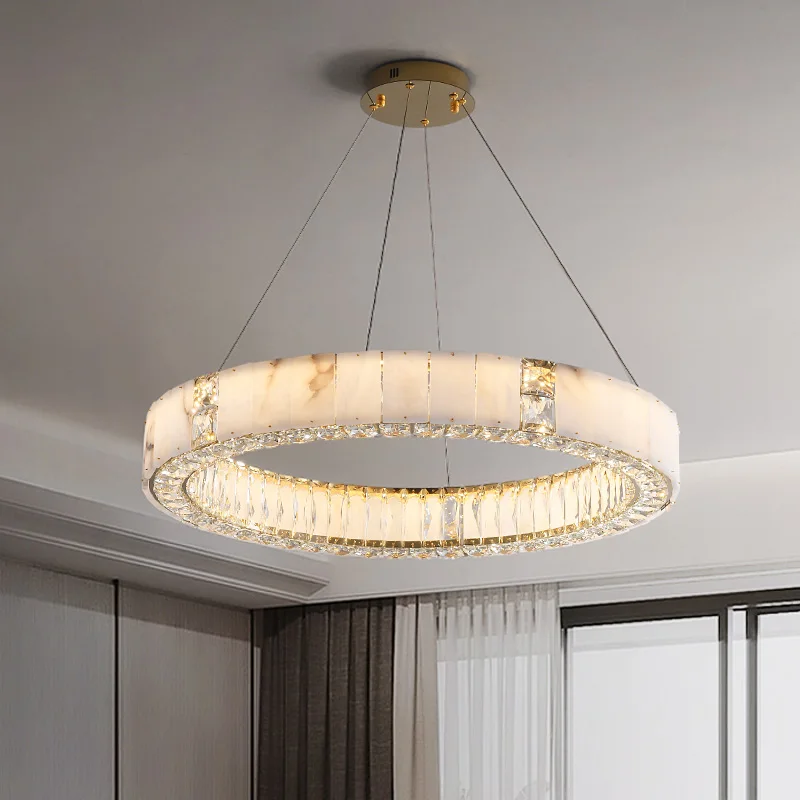Modern Natural Marble Pendant Light Simple Crystal Round Chandelier For Villa Living Room Dining Room Grand Hall Luxury Lighting