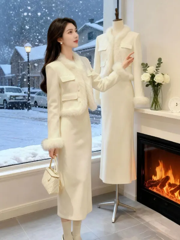 

Korean Style Thickened Outerwear Skirt Set Elegant Complete Two-Piece Spring Autumn Fashion Women's Comfortable High Waist Lo...