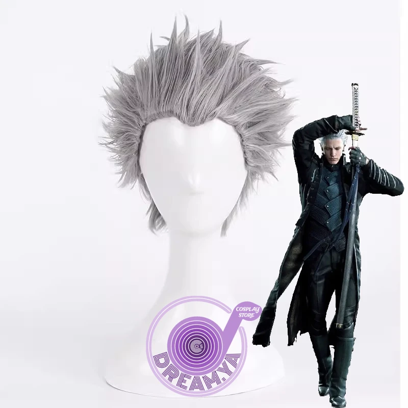 Vergil Cosplay Wig DMC Silver Gray Short Slicked Back Synthetic Hair Heat Resistant Halloween Role Play Party Carnival + Wig Cap