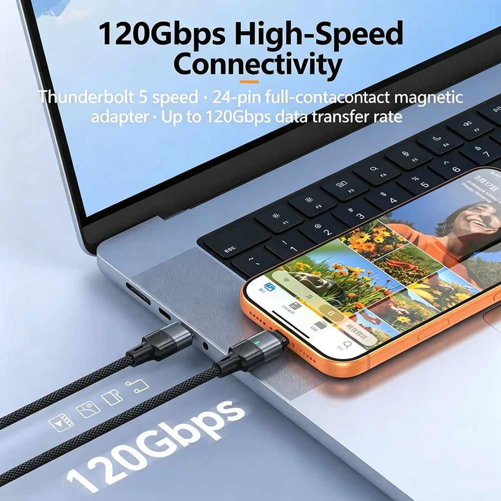 HANNUO Magnetic Plug 240W 48V5A Magnetic USB-C Cable PD3.1 Fast Charge 120Gbps High Speed Data Sync Dual Use Type C Charger Wire