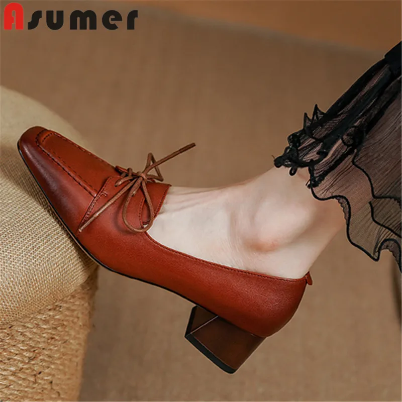 

ASUMER 2024 New Size 34-41 Retro Sheepskin Slip On Shoes Woman Ladies Thick Med Heels Dress Pumps Narrow Band Spring Shoes