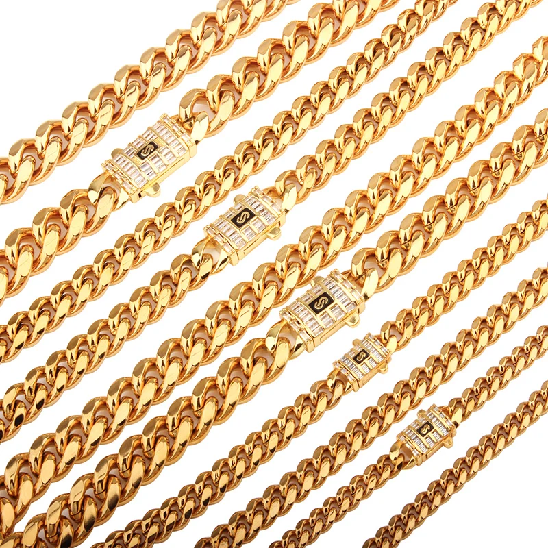 Hip Hop Cubic Zircon Bling Iced Out Gold Color Stainless Steel Cuban Miami Chains Necklaces Link Chain for Men Rapper Jewelry