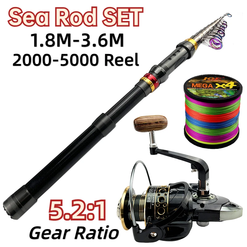 

1.8m-3.6m Telescopic Fishing Rod Set Ultralight Carbon Sea Pole Baitcasting Reel 2000-5000 Series with Line Kit Max Drag 8kg