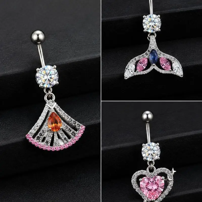 1Pcs Surgical Steel Belly Button Rings With Sparkly Cubic Zirconia Lovely Dangle For Daily Wear Beach Party Piercing Jewelry