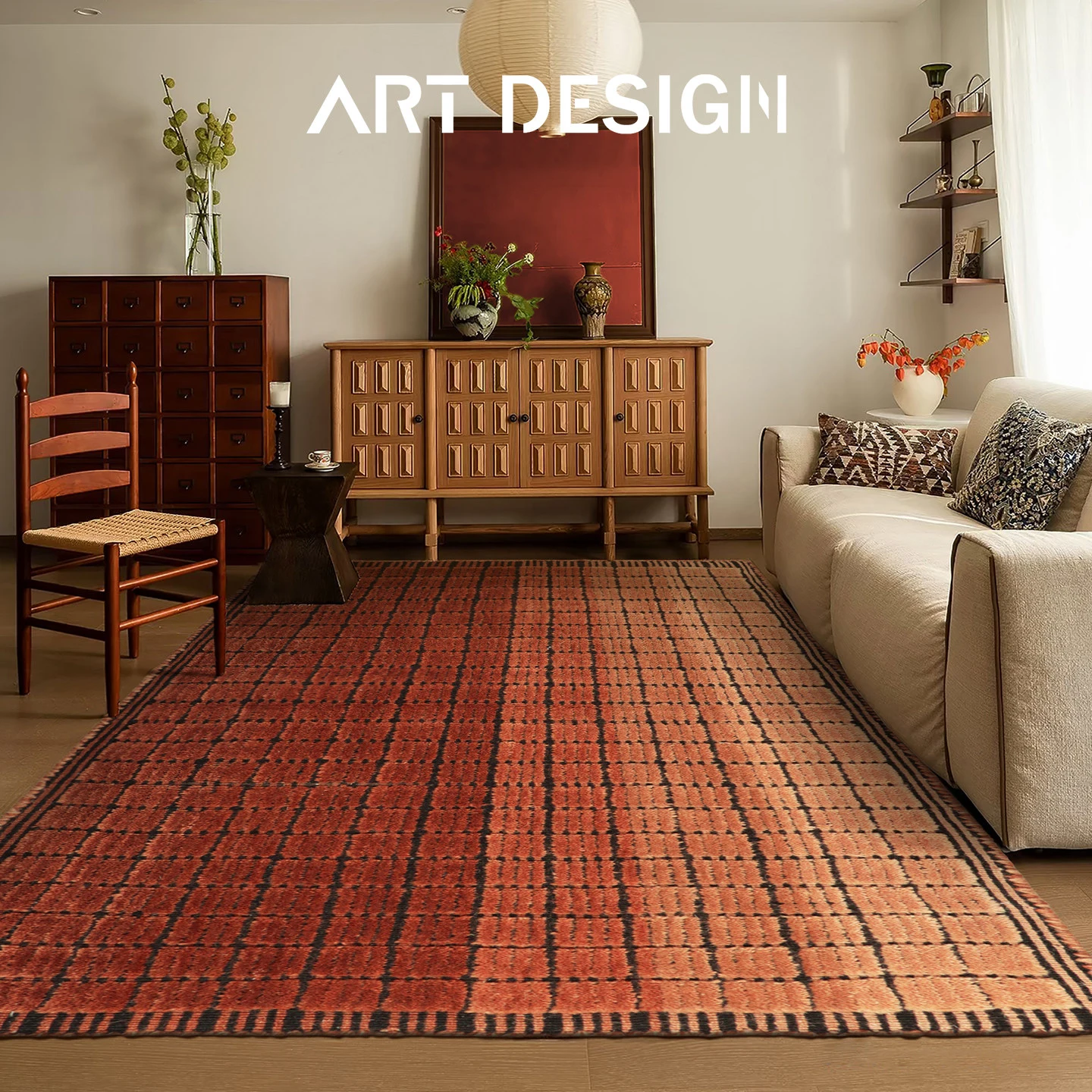 Vintage Red Color Carpet Living Room Handmade Wool Large Thick Rug Simple Plaid High-end Bedroom Carpet Soft Bedside Cloakroom