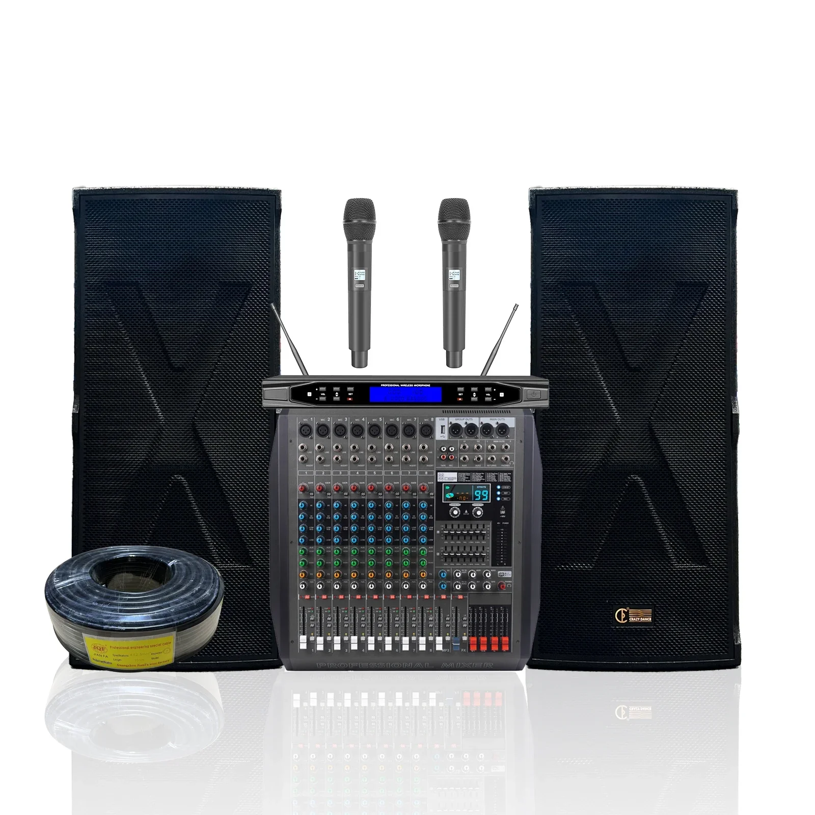 Double RX15-inch Speaker + Wireless Microphone +700w*2ch Built-in Power Amplifier Mixer, Three-piece Set House Party Dj Banquet