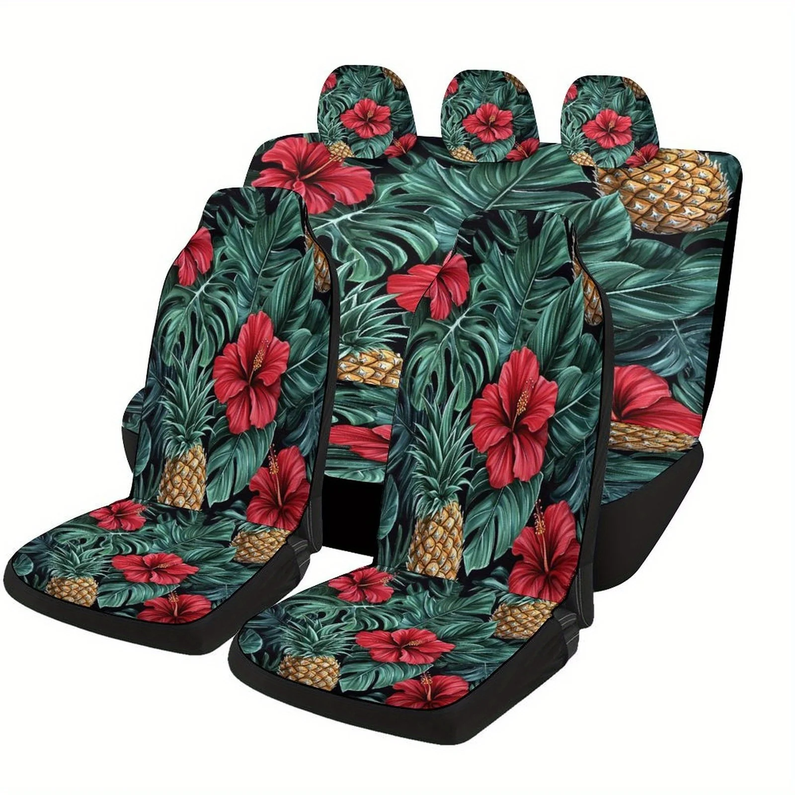 Tropical Hibiscus Pineapple Designed Car Seat Cover Set For Most Cars, Trendy Advanced High-quality Car Seat Protector Covers F