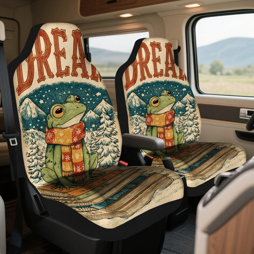 Set Of 2, Stylish Frog On Books Universal Car Seat Covers – Modern, Premium Quality Covers, Fits Most Cars, Long-Lasting, Easy T
