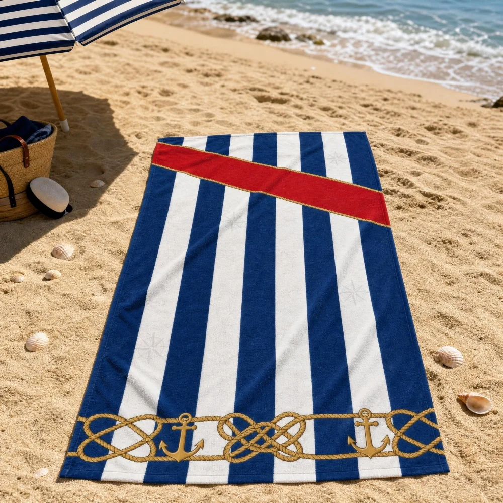 Nautical Anchor Rope Striped Beach Towel Navy Blue White Stripe Beach Towel Microfiber Quick Dry Travel Swimming Pool Towel